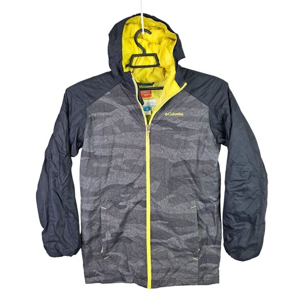 Mens Columbia Thermal Coil Hooded Jacket Black Gray Camo Waterproof Nylon XL - Picture 1 of 6